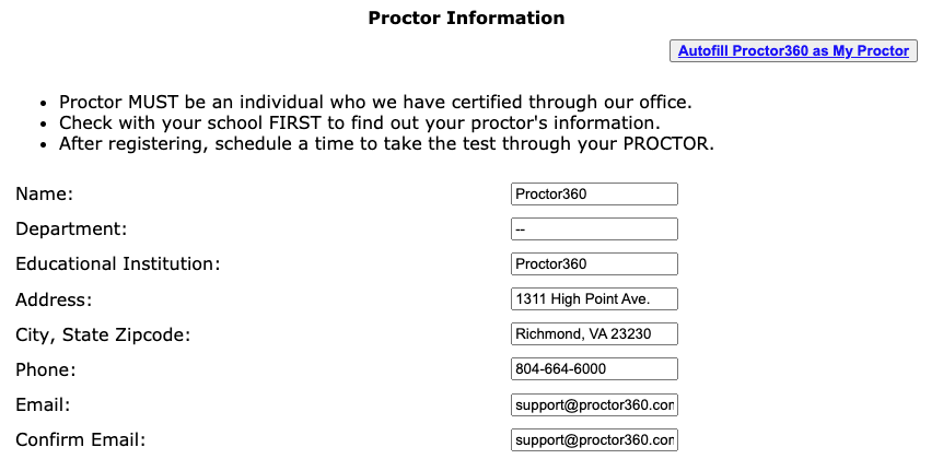 Screen shot of the Proctor360 Information fields filled 
