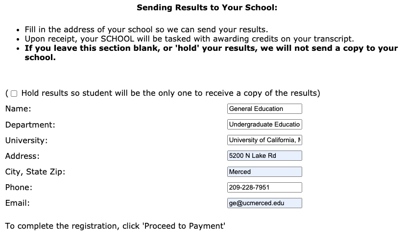 Screen Shot of the sending results to your school section with the fields filled out